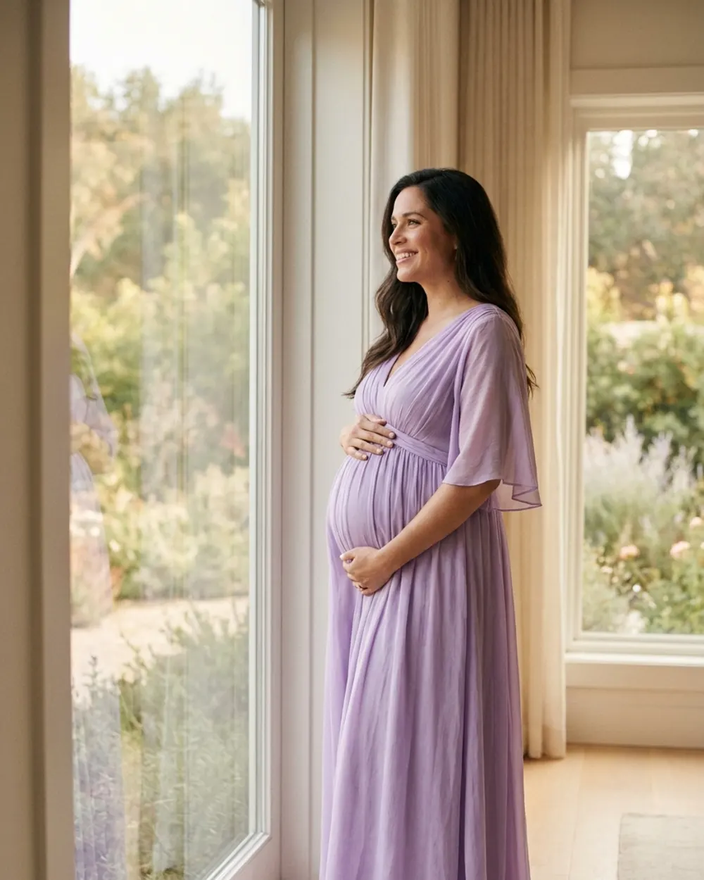 Une femme enceinte debout près d'une fenêtre, les mains sur son ventre